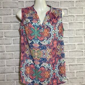 Violet + Claire V-Neck Sleeveless Top Pink Blue White Paisley Floral Sz small
